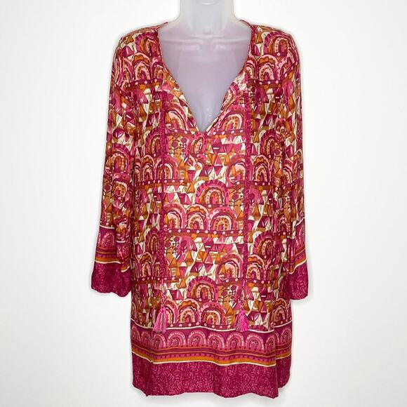 NWT ROCK FLOWER PAPER cranberry lightweight boho tie neck tunic Women's small - Picture 1 of 5